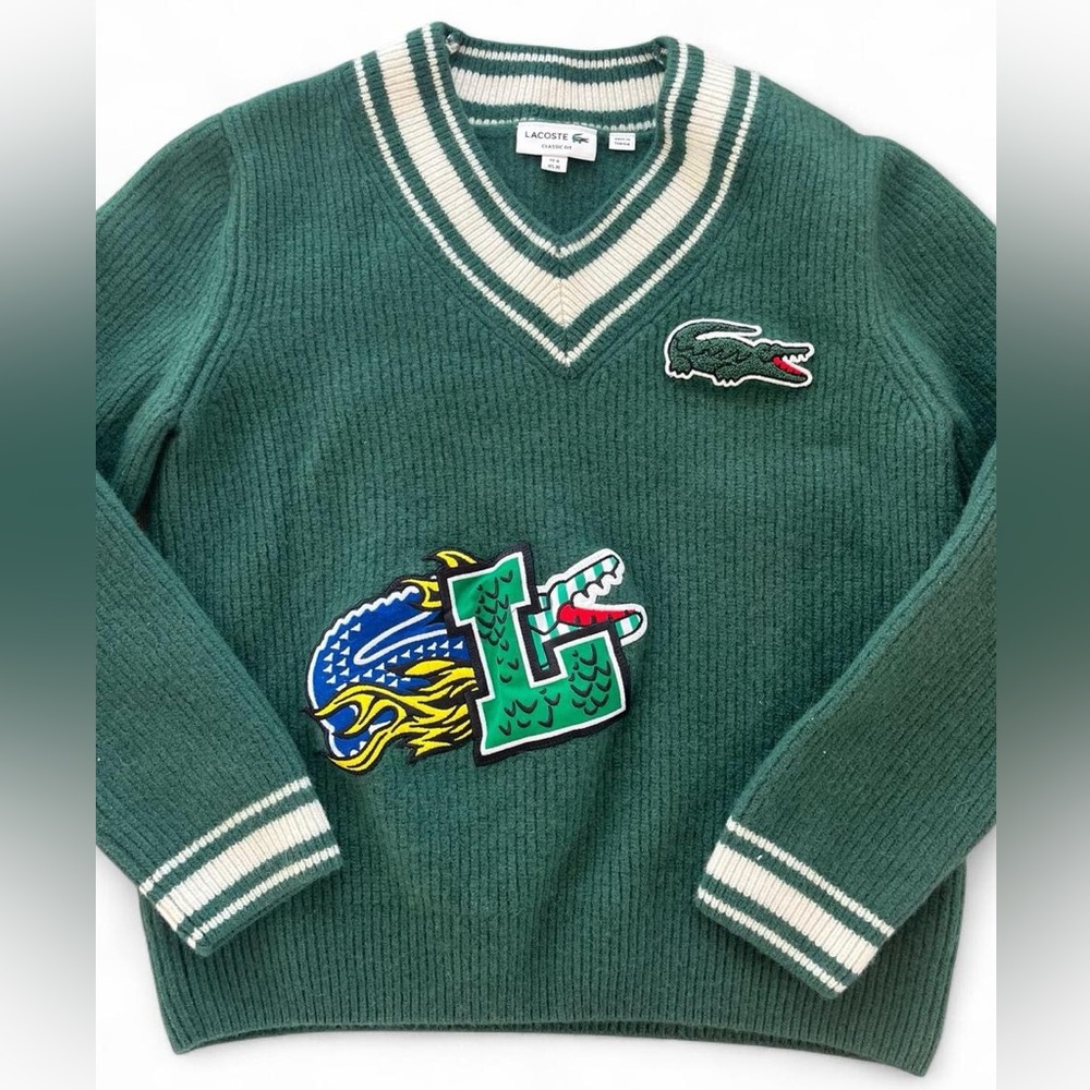Lacoste Green Comic Badge V-Neck Sweater with Embroidered Design